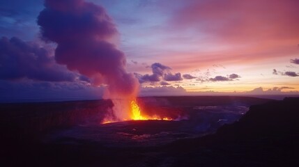 Volcanic Eruption at Sunset Scenic Landscape with Glowing Lava Flow