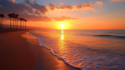 Naklejka premium stunning sunset behind palm trees, casting warm hues over ocean waves, creating serene beach atmosphere. tranquil scene evokes feelings of peace and relaxation