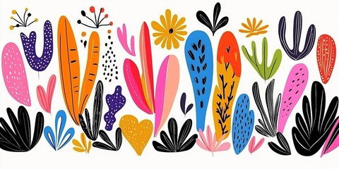 Fototapeta premium Abstract colorful floral illustration with whimsical botanical elements in a vibrant modern digital artwork featuring stylized exotic leaves and geometric shapes for artistic and decorative appeal