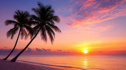 stunning sunset behind palm trees at tranquil beach, with vibrant colors reflecting on water, creating serene and peaceful atmosphere