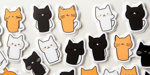 Playful monochrome cat face sticker designs in black white and gold arranged in an eye catching pattern creating a trendy artistic pet themed decorative digital illustration for design enthusiasts