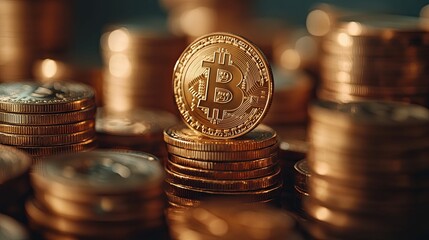 Golden Bitcoin coin rests atop stacks of coins