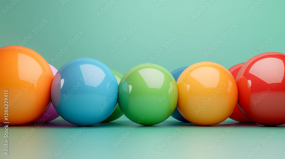 Aufkleber colorful glossy spheres arranged in row on soft green background create playful and vibrant atmosphe