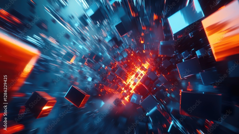 Poster abstract hyper-dimensional cube tunnel, a journey through neon colors and dynamic forms