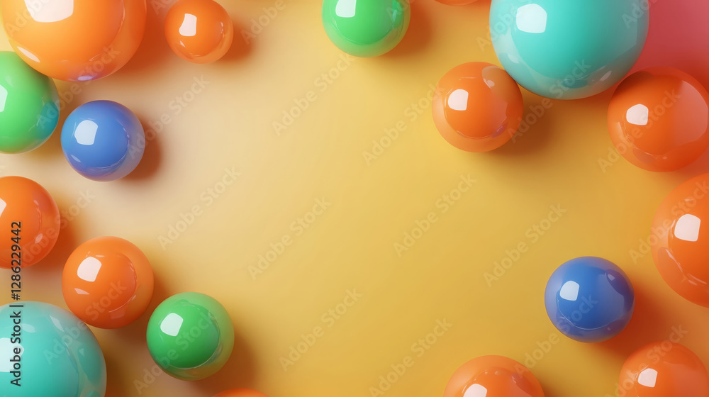 Poster colorful abstract background featuring glossy spheres in various sizes and colors, creating playful 
