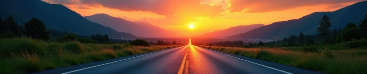 Fototapeta premium Asphalt road cuts through vibrant sunset, green mountains frame city skyline , road, view