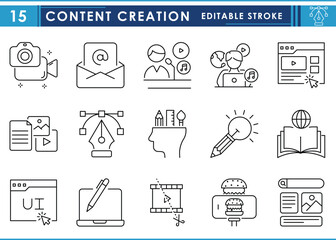 A set of line icons related to Content Creation. Content, video, food vlogging, network, digital, design, learn, teach, images, music, and so on. Vector editable stroke.