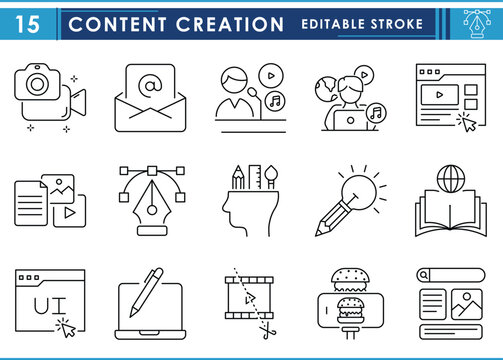 A set of line icons related to Content Creation. Content, video, food vlogging, network, digital, design, learn, teach, images, music, and so on. Vector editable stroke.