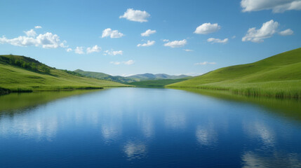 Fototapeta premium tranquil scene of calm blue lake surrounded by lush green hills and distant mountains under clear blue sky. reflection on water adds to serene atmosphere