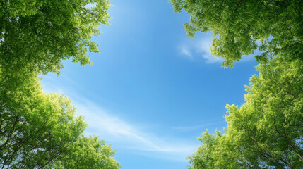 serene view of vast blue sky framed by lush green tree leaves, creating peaceful atmosphere. gentle clouds add touch of tranquility to scene