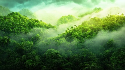 Lush green hills covered in mist create a serene, tranquil landscape, showcasing the beauty of nature and the richness of a tropical rainforest.