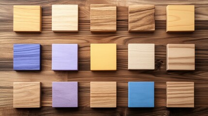 A vibrant arrangement of square wooden blocks in various colors, displayed on a wooden surface, showcasing texture and design.