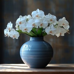 White orchids in a blue vase on a wooden surface.