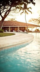 Fototapeta premium A tranquil poolside scene with a modern home, lush greenery, and palm trees, bathed in warm sunlight, creating a serene atmosphere.