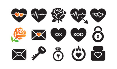 This image showcases a set of elegant love-themed icons in black and red, representing romance, passion, and commitment. It includes symbols like hearts, arrows.