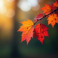 Fototapeta premium Crisp autumn leaves in vibrant reds and oranges cling to a bare branch , wood, vibrant, leaves on branch