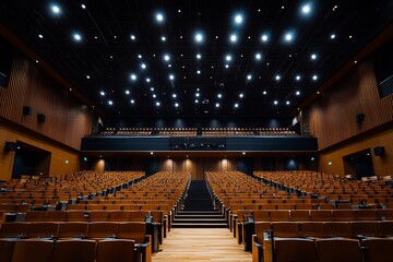 Large auditorium interior with rows of seating and a stage for events and presentations