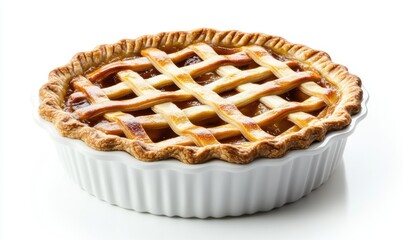 Freshly baked apple pie in white dish on white background