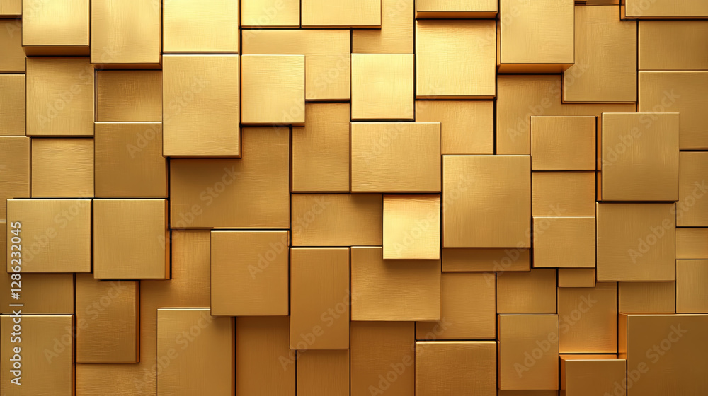 Poster rich gold mosaic with textured surface, featuring various square shapes arranged in modern abstract 