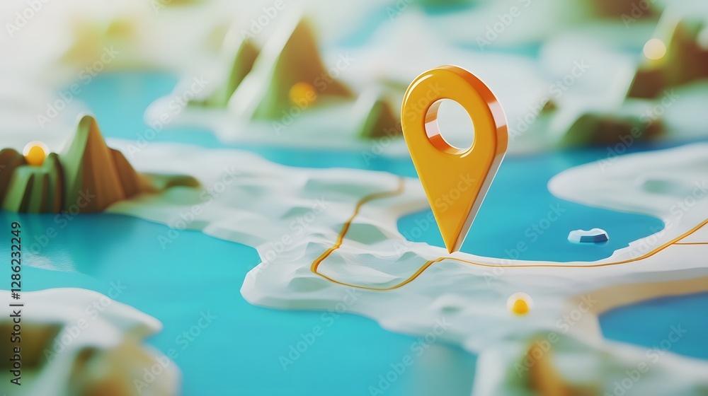 Poster detailed adventure map with colorful mountain river and landscape features and a gps location marker