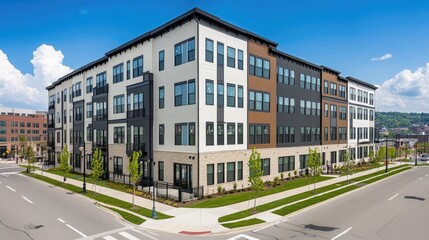 Fototapeta premium Modern apartment building, city street corner, sunny day, urban living, exterior view, real estate photography