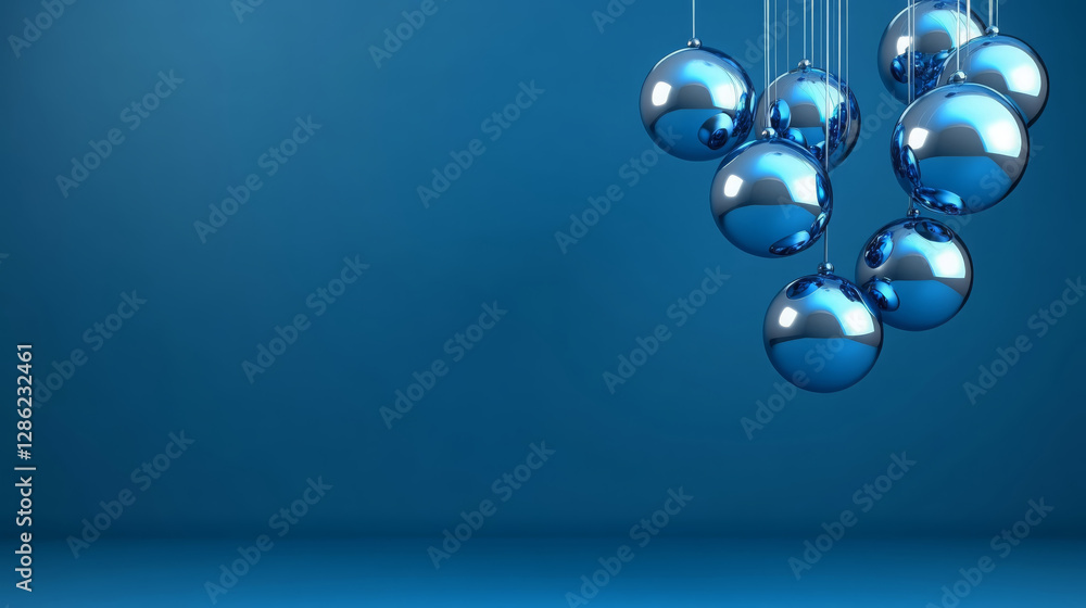Poster shiny blue spheres suspended against smooth blue background create modern and artistic display. refl
