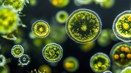 Fototapeta premium Microscopic View of Green Algae Diverse Shapes and Structures of Aquatic Microorganisms