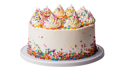 Colorful sprinkles adorn a creamy white birthday cake celebrating a joyful occasion