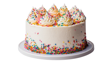Colorful sprinkles adorn a creamy white birthday cake celebrating a joyful occasion