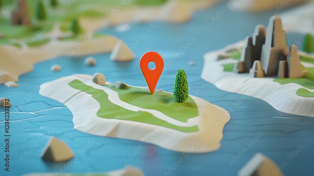 Aufkleber detailed digital 3d map with marker pin pointing to a scenic nature landscape destination for advent