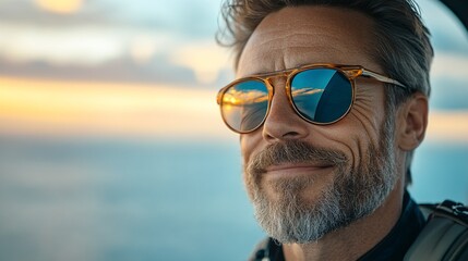 Mature Man with Sunglasses Admiring Sunset View from Airplane