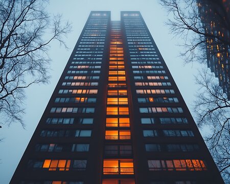 City apartment building at night, fog
