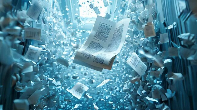 A photorealistic image of a book flying amidst swirling papers in a library, creating a magical and dynamic scene of knowledge and chaos
