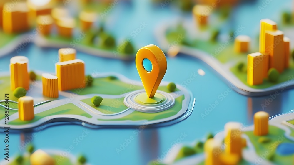 Leinwandbilder Detailed digital city map with 3D buildings streets and transportation infrastructure with a navigation pointer marker highlighting a specific destination or location for travel business analysis