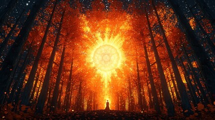 Person standing in lush forest surrounded by trees with a campfire in the background