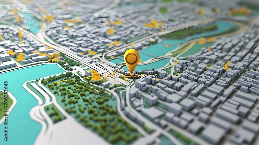 Aufkleber Detailed digital map with navigation markers and indicators highlighting the complex network of urban infrastructure transportation routes landmarks