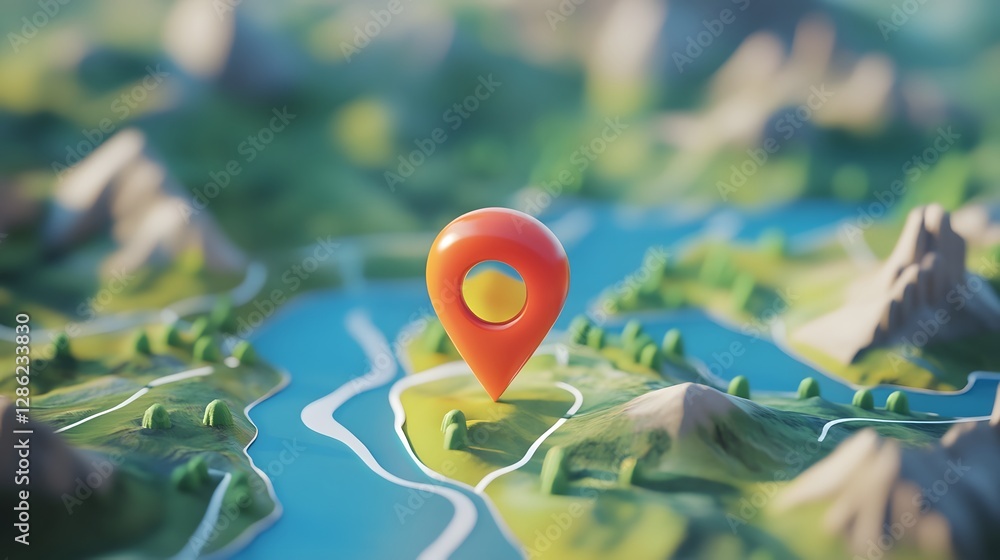 Poster detailed digital map with navigation pointer pinned on a rugged mountain landscape concept of journe