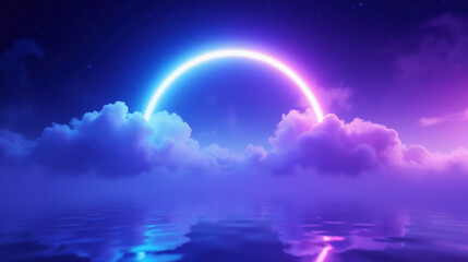 vibrant neon arch glows above soft clouds, reflecting on calm water, creating serene atmosphere