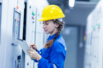 A woman engineer, alongside a worker, performs industrial maintenance in a factory setting, ensuring electrical safety