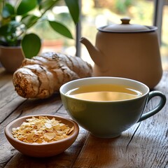 Ginger tea in a cup and chopped root in a bowl on the table. Natural Vitamins.