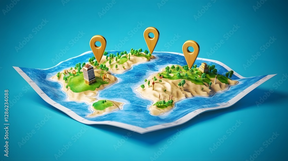 Poster Detailed folded world map with location pin markers indicating various destinations and landmarks across the continents and oceans