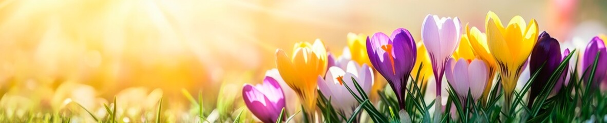 Naklejka premium Colorful crocus flowers bloom in a sunny spring meadow signifying renewal and the beauty of nature.