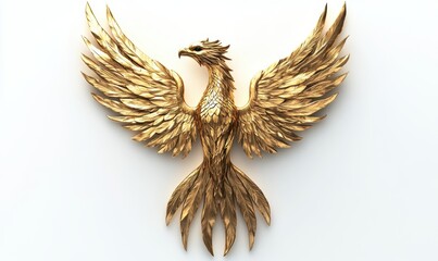Golden phoenix statue with spread wings on a white background
