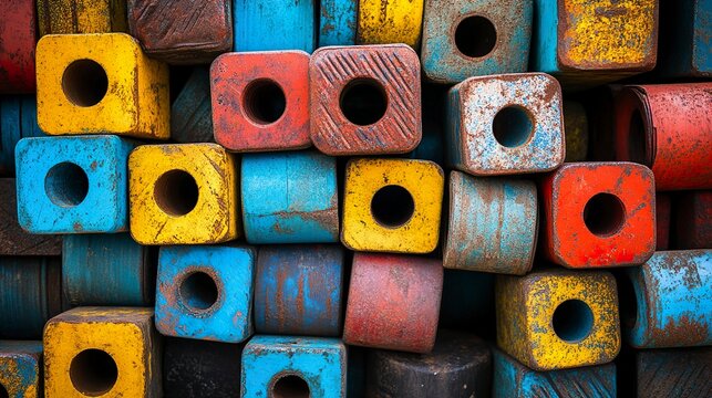 Colorful Stack of Vintage Wooden Blocks with Holes