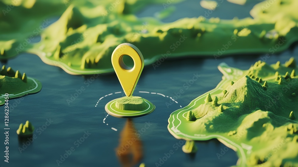 Poster Detailed geographic map with green navigation pin pointer marker showing the destination for an travel journey  Topographic landscape with mountains forests rivers