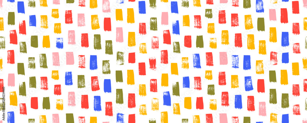 Poster Colorful short brush strokes seamless pattern. Funky naive seamless banner design with regular vertical dashes.