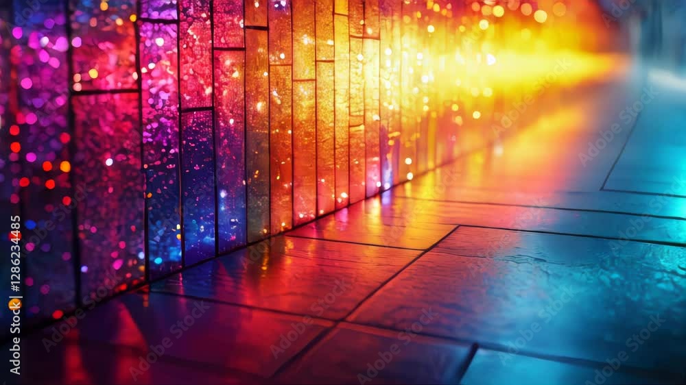 Poster a vibrant and colorful abstract wall texture, illuminated with rainbow-like light refractions and bo