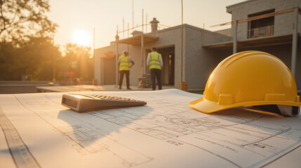 Construction site at sunset with plans, calculator, and hard hat