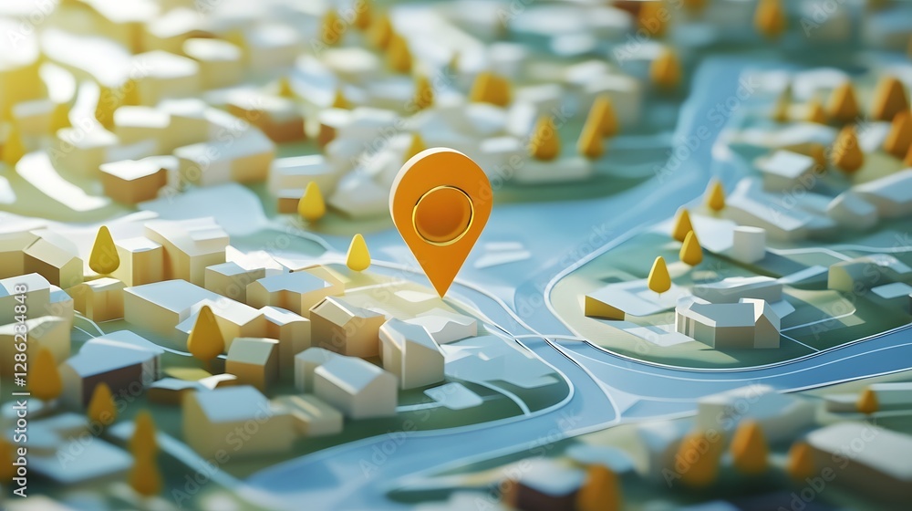 Poster Detailed isometric 3D digital map with navigation pin pointer on a city landscape of residential commercial and infrastructure buildings and roads