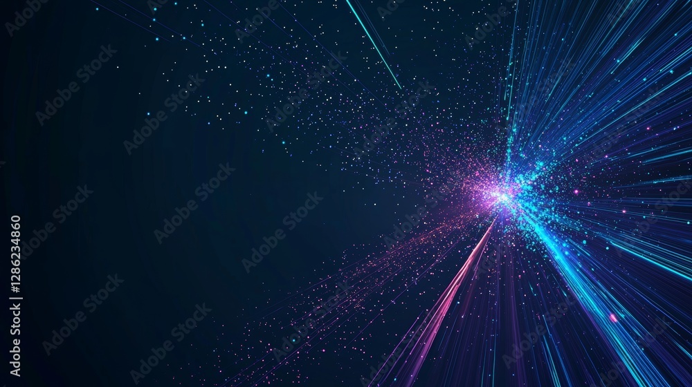 Wall mural a dark background filled with blue light rays. the scene captures a blue laser light burst in motion